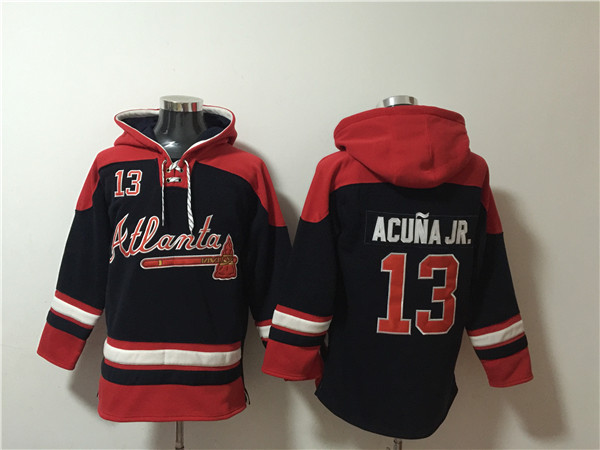 Men's Atlanta Braves #13 Ronald Acuña Jr. Navy/Red Ageless Must-Have Lace-Up Pullover Hoodie